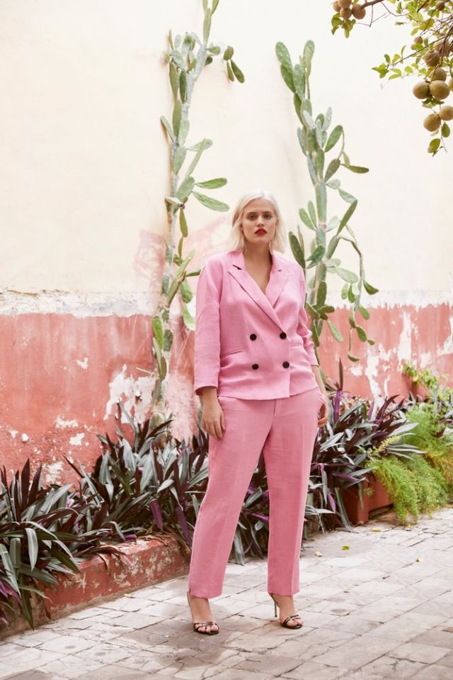 Clothing, Pink, Outerwear, Spring, Peach, Plant, Blazer, Pantsuit, Flower, Trousers, 