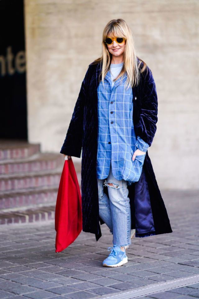 Clothing, Street fashion, Outerwear, Fashion, Blue, Jeans, Pink, Coat, Electric blue, Footwear, 