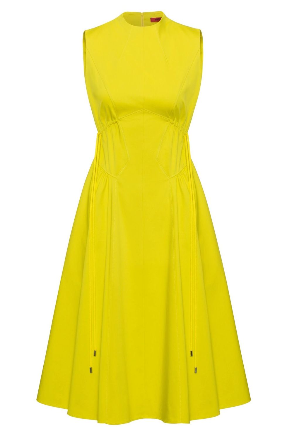 Clothing, Dress, Day dress, Yellow, Cocktail dress, A-line, Sleeve, Neck, One-piece garment, Formal wear, 