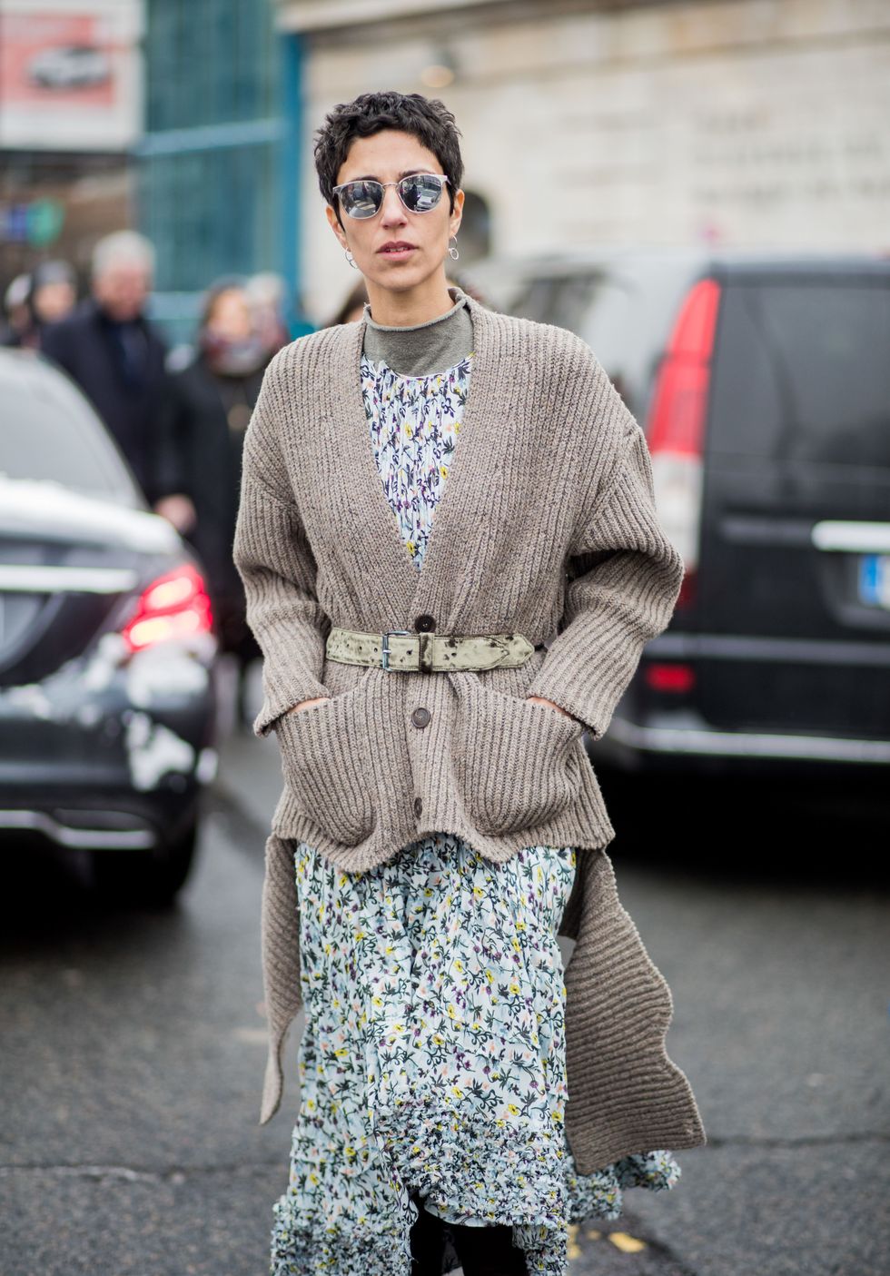 PARIS, FRANCE - MARCH 01: Yasmin Sewell wearing cardigan, dress with floral print is seen outside Chloe on March 1, 2018 in Paris, France. (Photo by Christian Vierig/Getty Images)