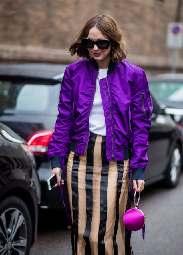 Clothing, Street fashion, Purple, Pink, Fashion, Violet, Outerwear, Tights, Cobalt blue, Yellow, 
