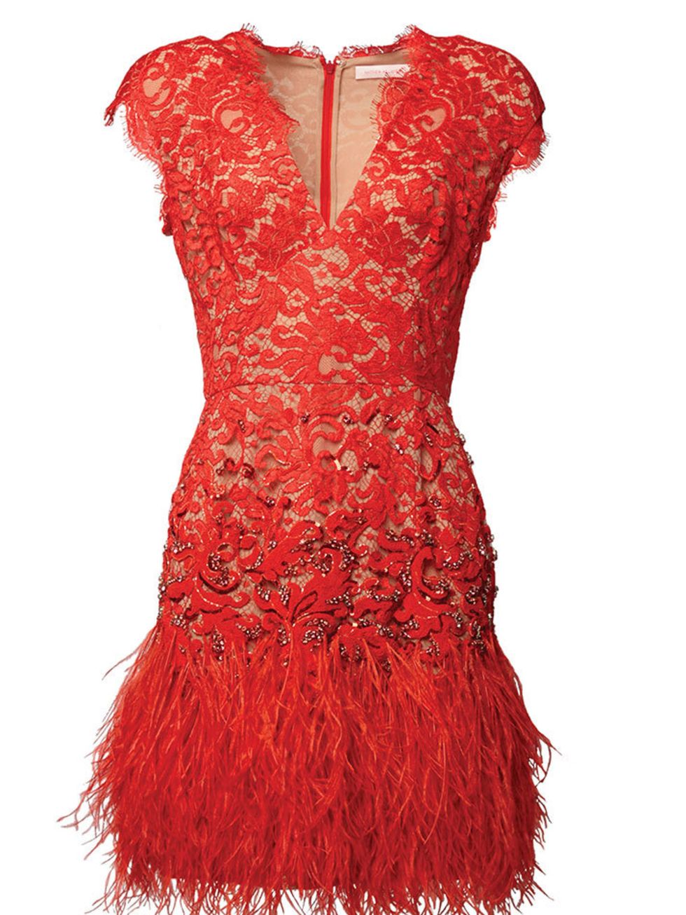<p>Red Lacquer Lace Feather Dress,</p>

<p><a href="http://www.matthewwilliamson.com/shop/product/9206/red-winter-garden-couture-lace-dress">Buy online</a></p>