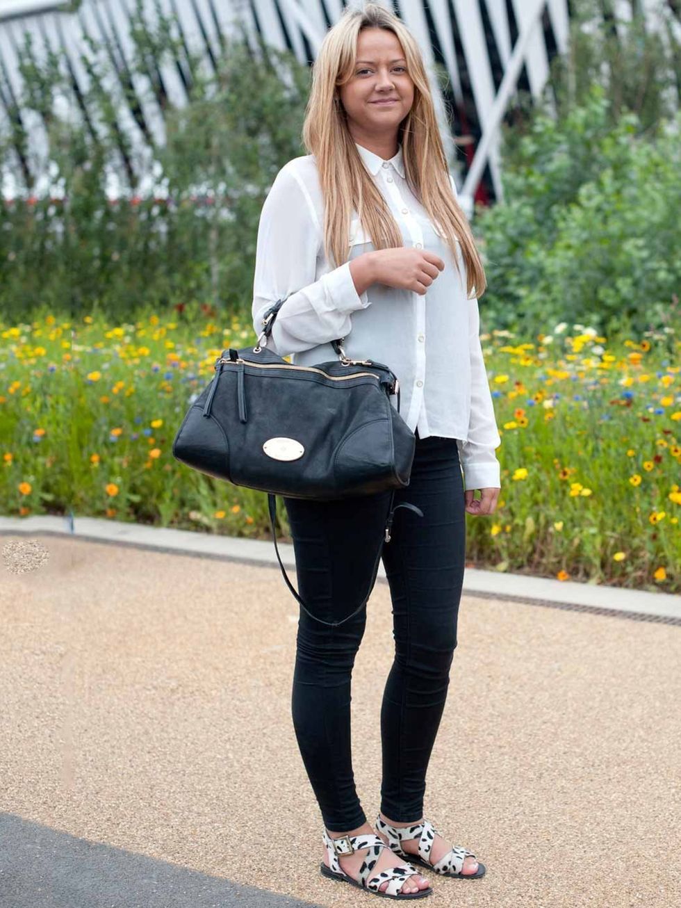 <p>Emma Warner, 23, Office Manager.Topshop shirt and leggings, Urban Outfitters shoes, Mulberry bag.</p>
