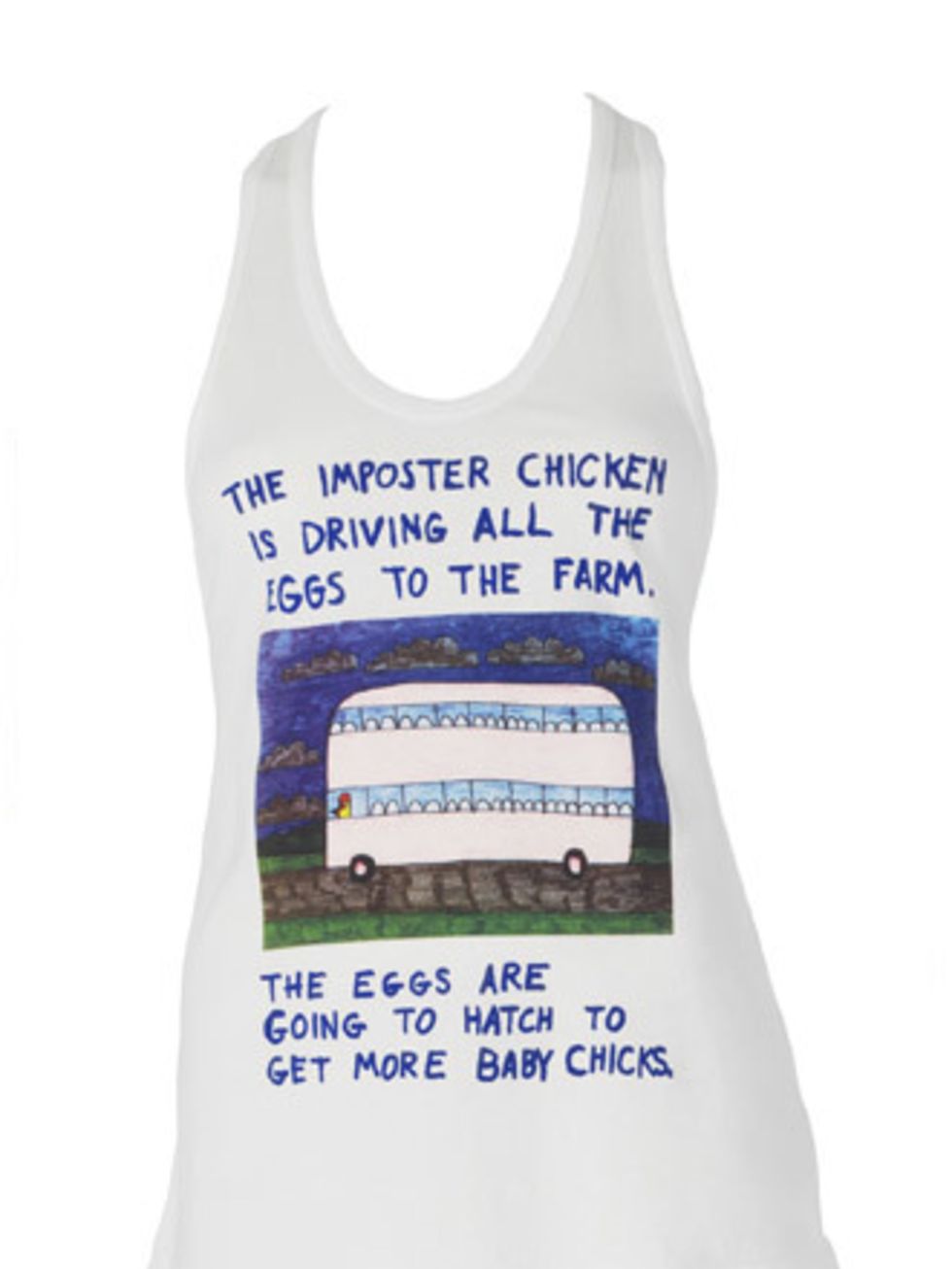 <p>We dont know exactly what the chicken is up to, but we know we love this vest. Wear it tucked into a skirt, layered with a granny cardigan, tights and loafers.</p><p>Vest, £60 by Creative Growth for Everybody at <a href="http://www.selfridges.com/en/W