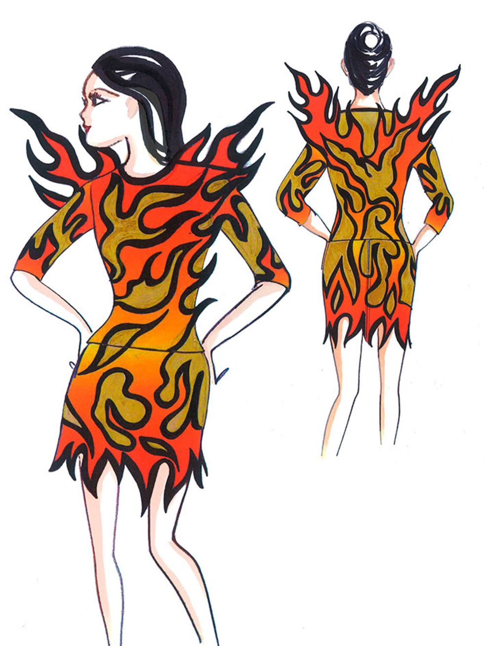 Opening with Roar, Katy wore a patent leather flame mini dress with cut outs and glitter gold leather appliqué detail.