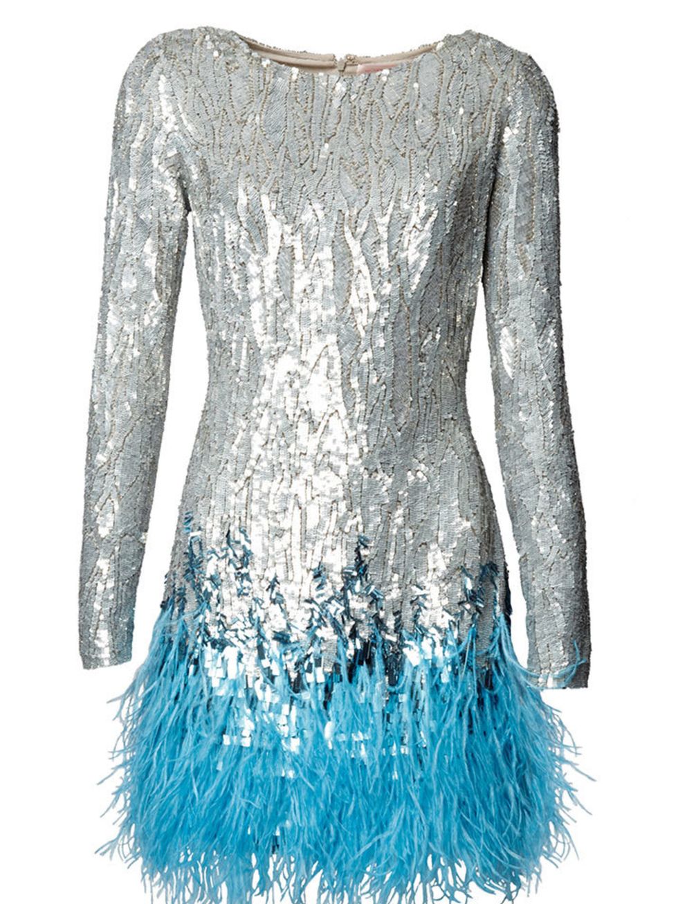 <p>Silver Liquid Sequin Feather Trimmed Mini Dress,</p>

<p><a href="http://www.matthewwilliamson.com/shop/product/9204/liquid-sequin-feather-trimmed-mini-dress">Buy online</a></p>