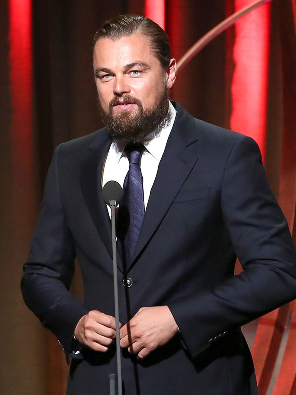 <p>Leonardo DiCaprio ELLE says 'A little manly stubble yes, but a full-on beard, hmm, we're not convinced.'</p>

<p>Leo talks at the 2014 Annual Clinton Global Citizen Awards.</p>