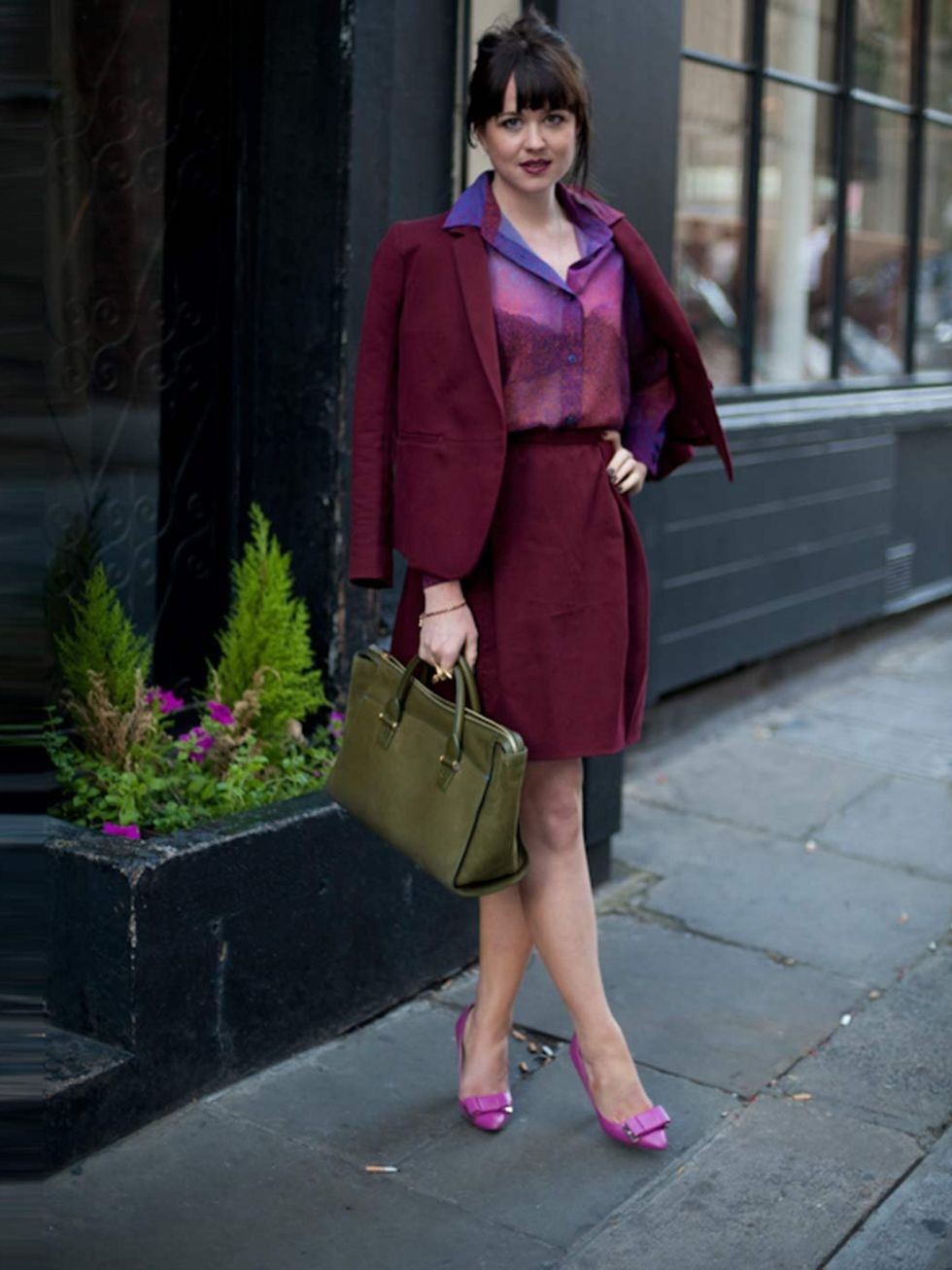 <p>Acting online fashion editor Alannah Sparks wears Carven suit, Acne shirt, shoes by Mulberry and bag by Smythson</p>