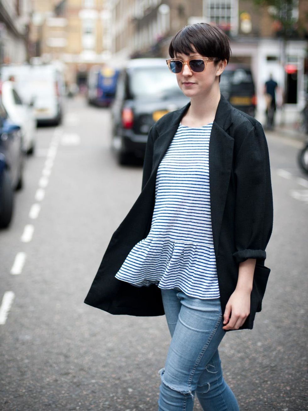 <p><strong>Alice Watt - ELLEuk.com Fashion Assistant</strong>Vintage blazer, <a href="http://www.zara.com/webapp/wcs/stores/servlet/home/uk/en">Zara</a> peplum T-shirt, Wrangler jeans, Cutler &amp; Gross sunglasses</p>