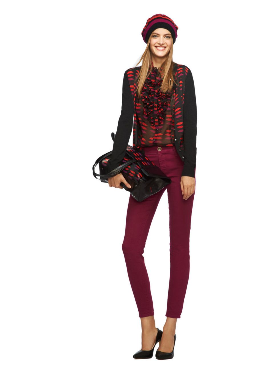 <p>Shades of red lip-print ruffle blouse, Shades of red lip-print silk-front cardigan, burgundy skinny jean, black lips tote, lipstick red striped beret.</p>