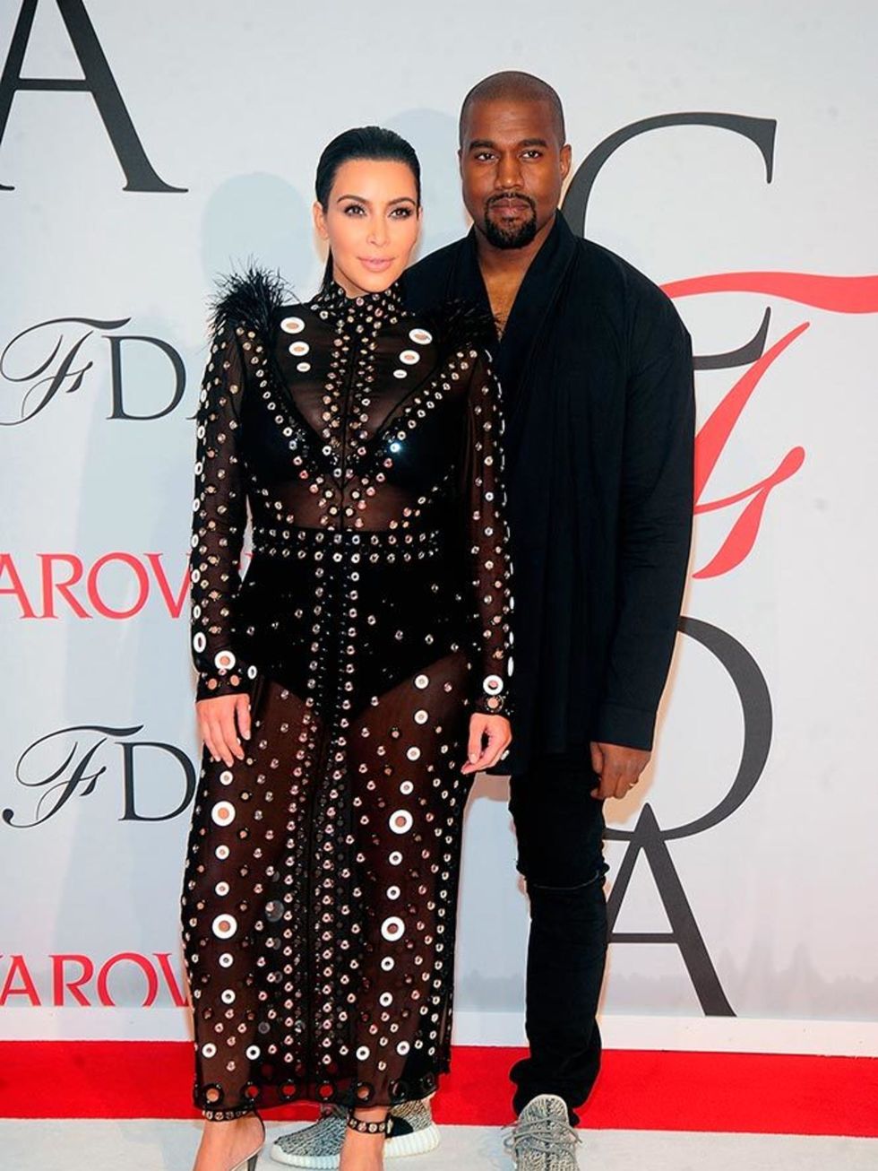 <p>Kim Kardashian-West - wearing Proenza Schouler - and Kanye West attend the CFDA Awards in New York, May 2015.</p>