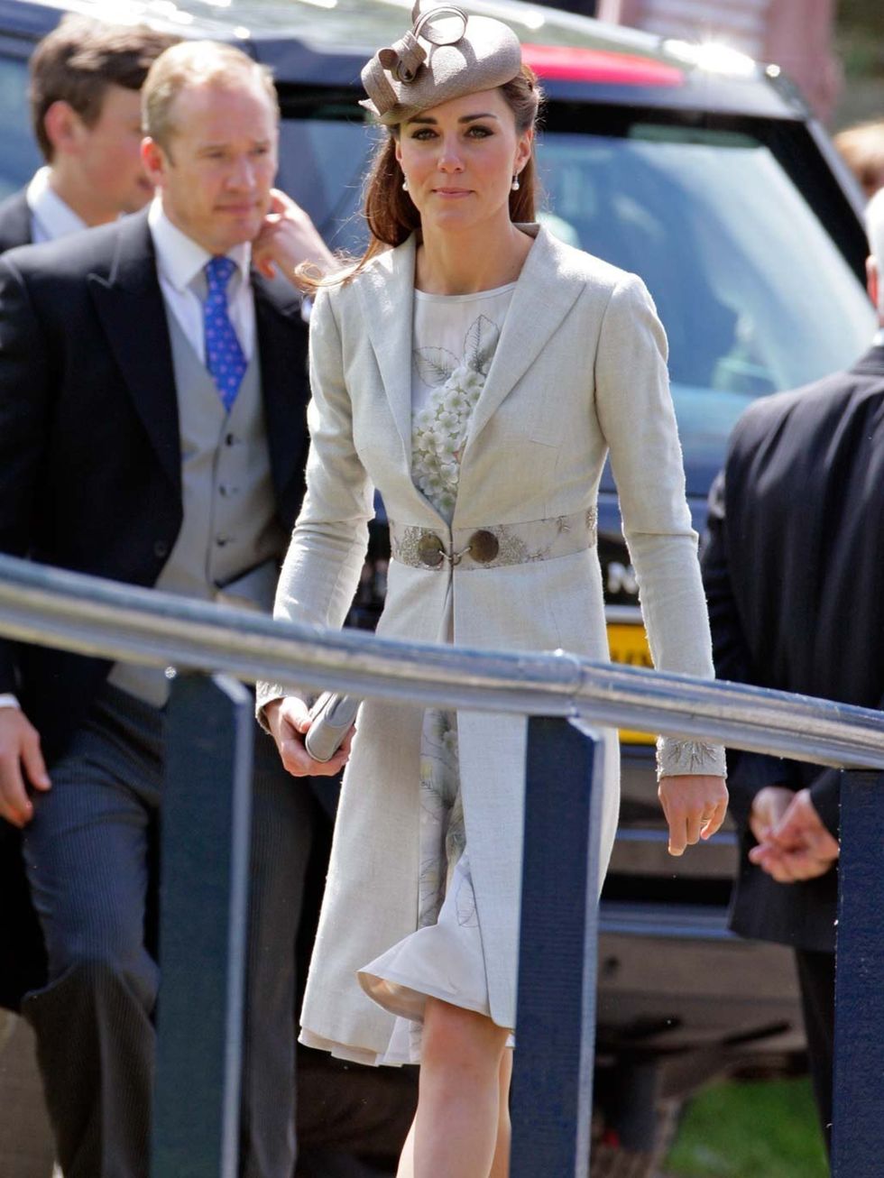 <p>Kate Middleton wears Katherine Hooker coat June 2012</p>