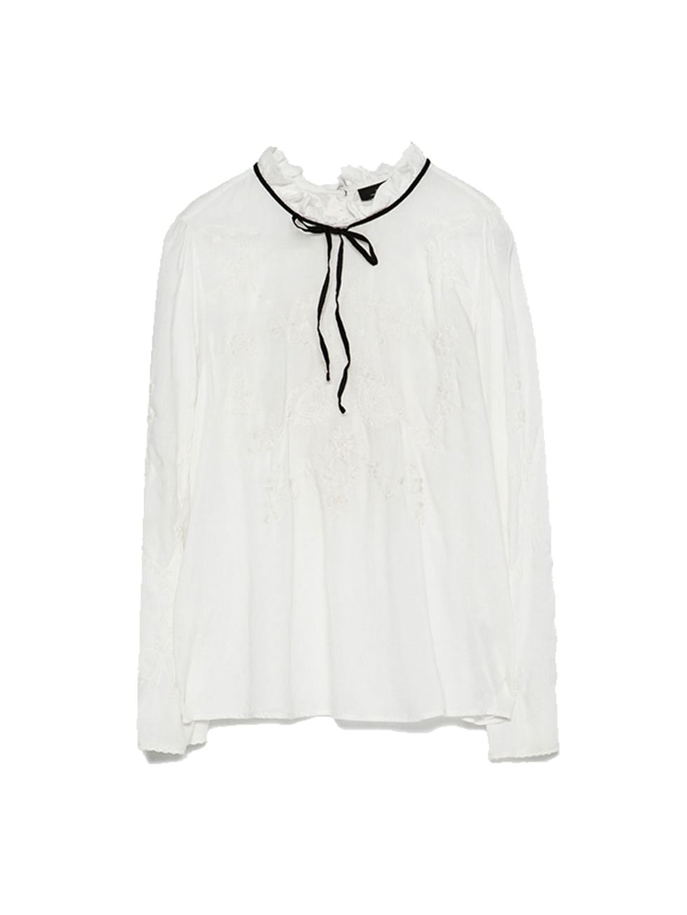 <p><a href="http://www.zara.com/uk/en/collection-ss15/woman/shirts/tie-neck-embroidered-blouse-c358004p2409043.html" target="_blank">Zara</a> white shirt, £29.99</p>