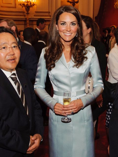 <p>Kate Middleton wearing Christopher Kane for the Olympics opening ceremony reception at Buckingham palace, July 2012.</p>
