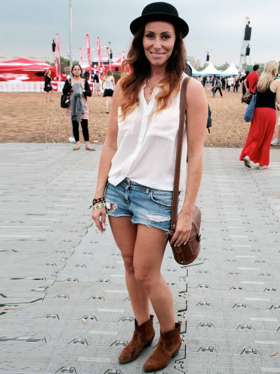 <p>Jane Grogan, 34, Health and Fitness Professional. H &amp; M top, bag and hat, Topshop shorts, Dune boots, custom made necklace.</p>