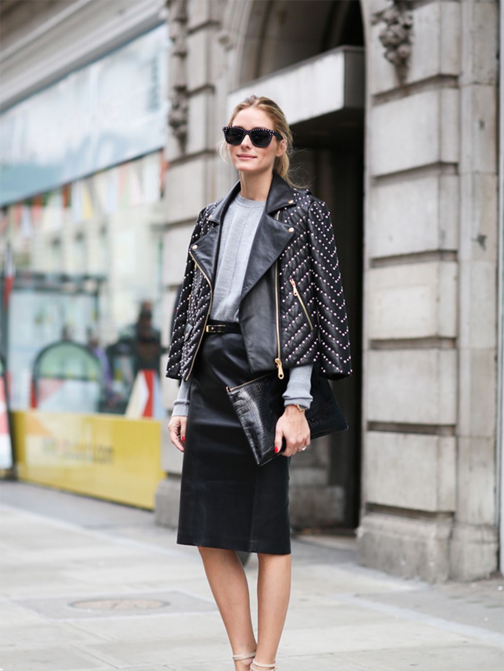 Olivia Palermo wears Rebecca Minkoff jacket, Willow skirt, Whistles bag and Gianvito Rossi shoes.