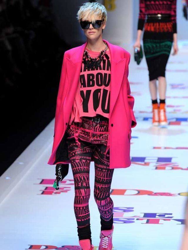 <p>The set emblazoned with colourful letters of the alphabet spelt out what was to come. With Madonna's Vogue blaring out, an 80s explosion of primary coloured or monochrome jacquard knit dresses, shrunken wool pencil skirts and silk blouses. Everything -
