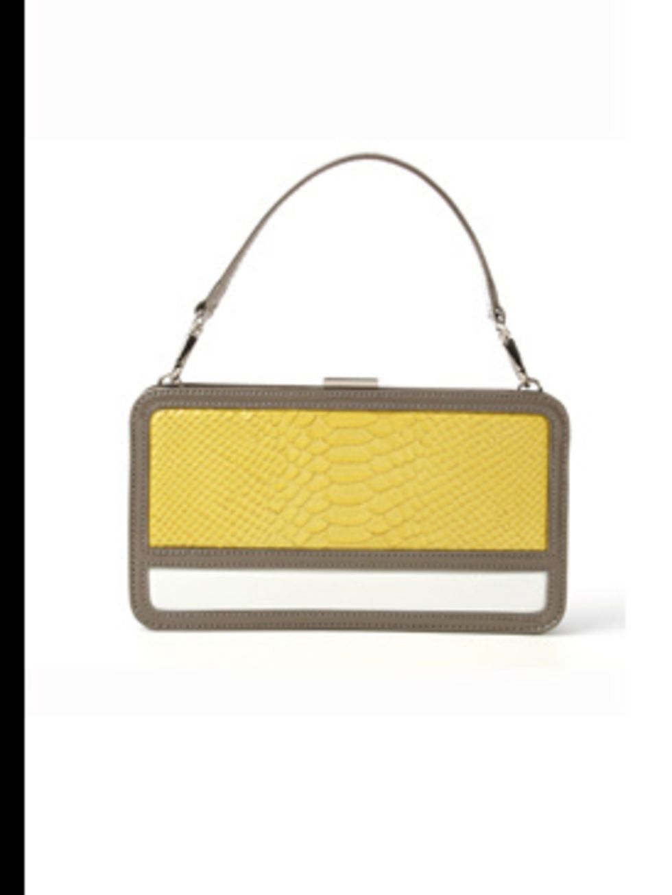 <p>Beige, yellow and white handbag, £53 by DKNY, for stockists 0207 499 6238</p>