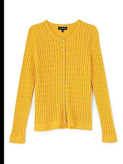 <p>Canary yellow fine cable knit cardigan, £45, by Massimo Dutti, for stockists call (0207 851 1280)</p>