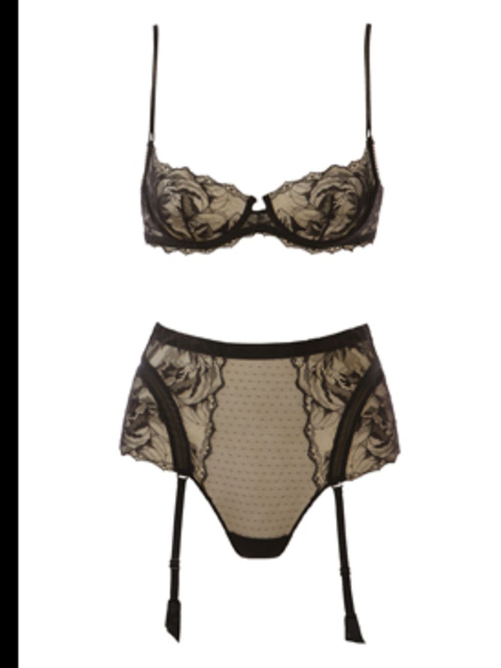 <p>Black and nude lace bra £146, and briefs £155, by La Perla</p>