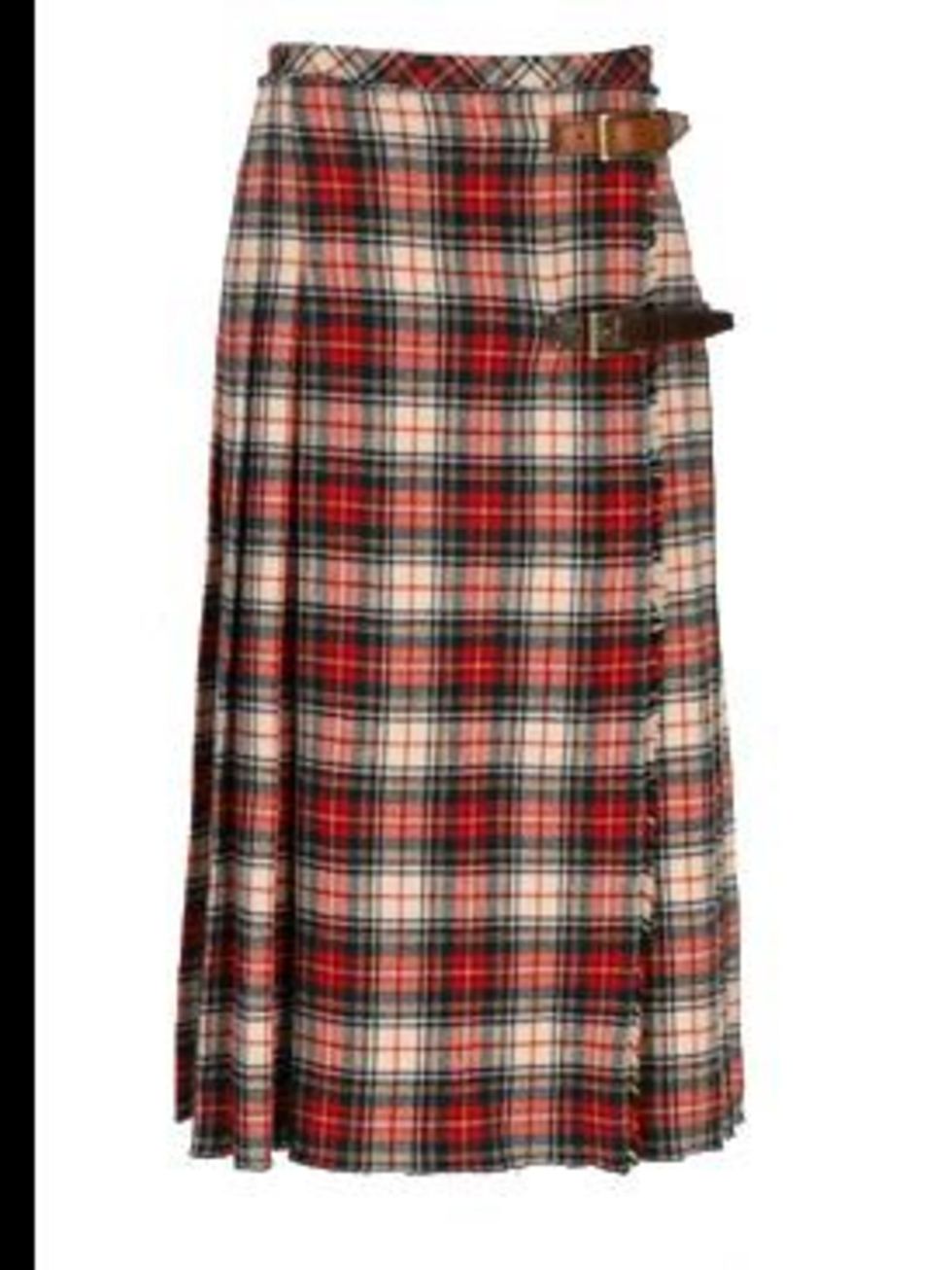 <p>Cream and red tartan wool skirt, £375, by D&amp;G (0207 495 9250)</p>