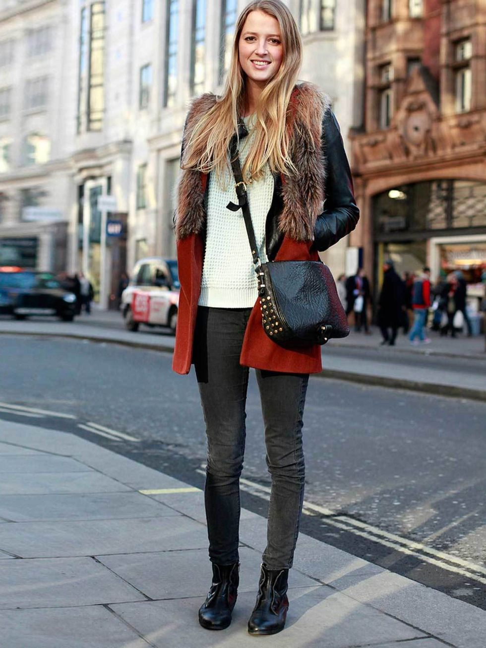 <p>Alex, 24, Promotions Designer. Zara coat, Topshop jumper &amp; bag, Uniqlo jeans, Office boots.</p>