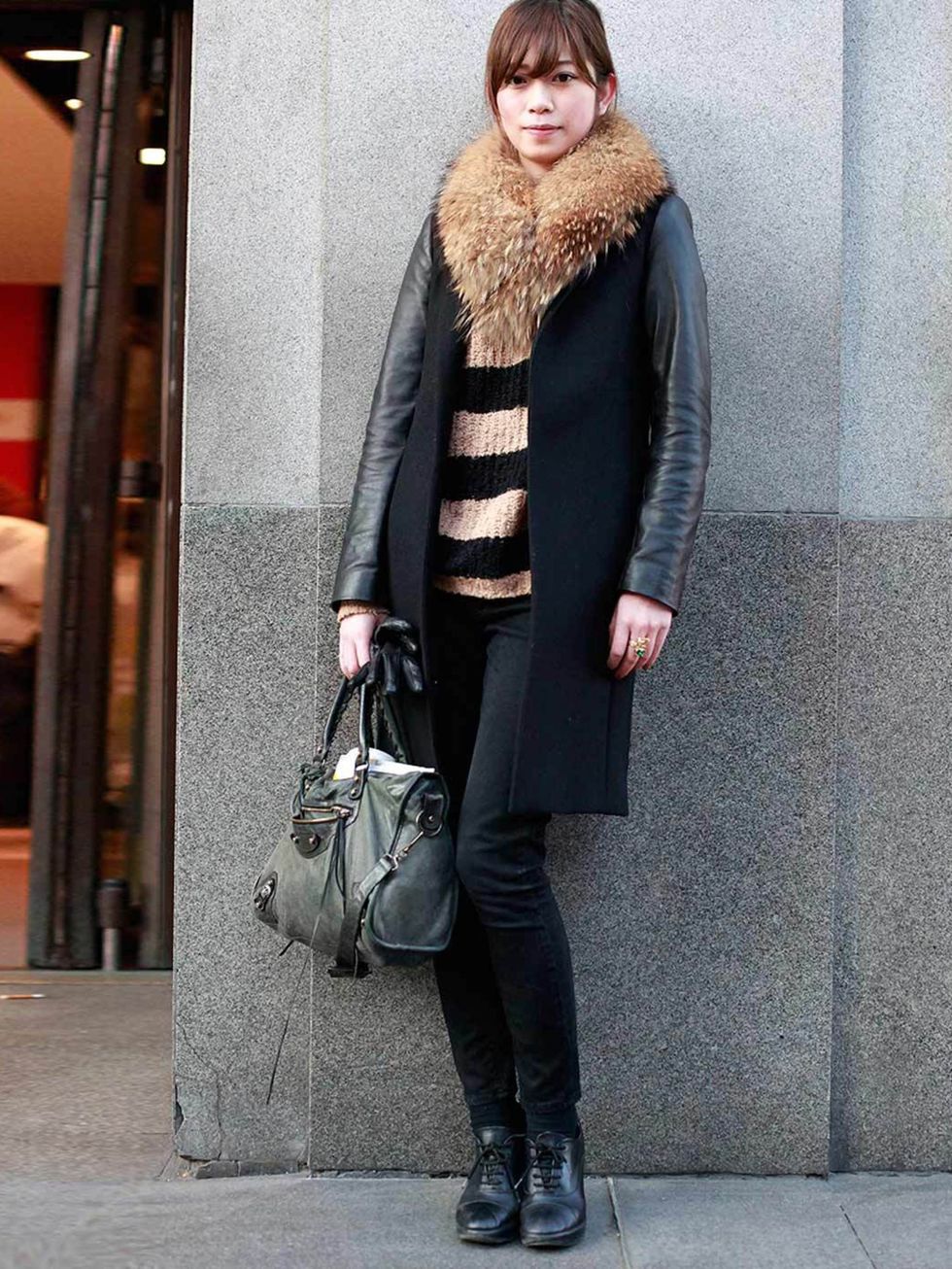 <p>Miuami Urano, 24, Student. Zara coat, jumper, faux fur and shoes from Tokyo, Topshop jeans, Balenciaga bag.</p>