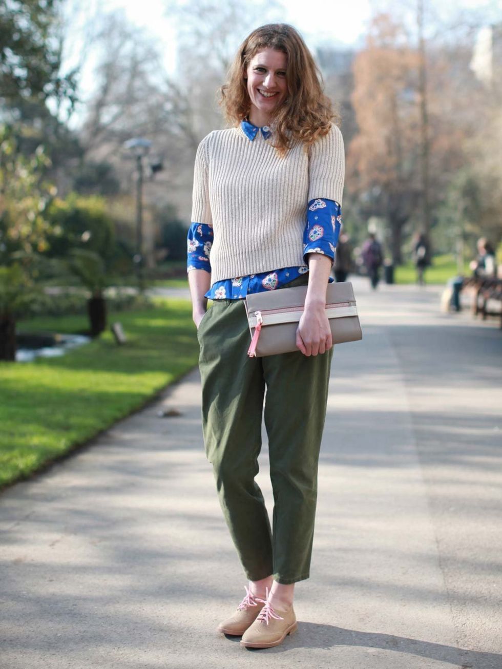 <p>Cos jumper, Celia Birtwell for Uniqlo blouse, Gap trousers ans brougues, Warehouse bag.</p>