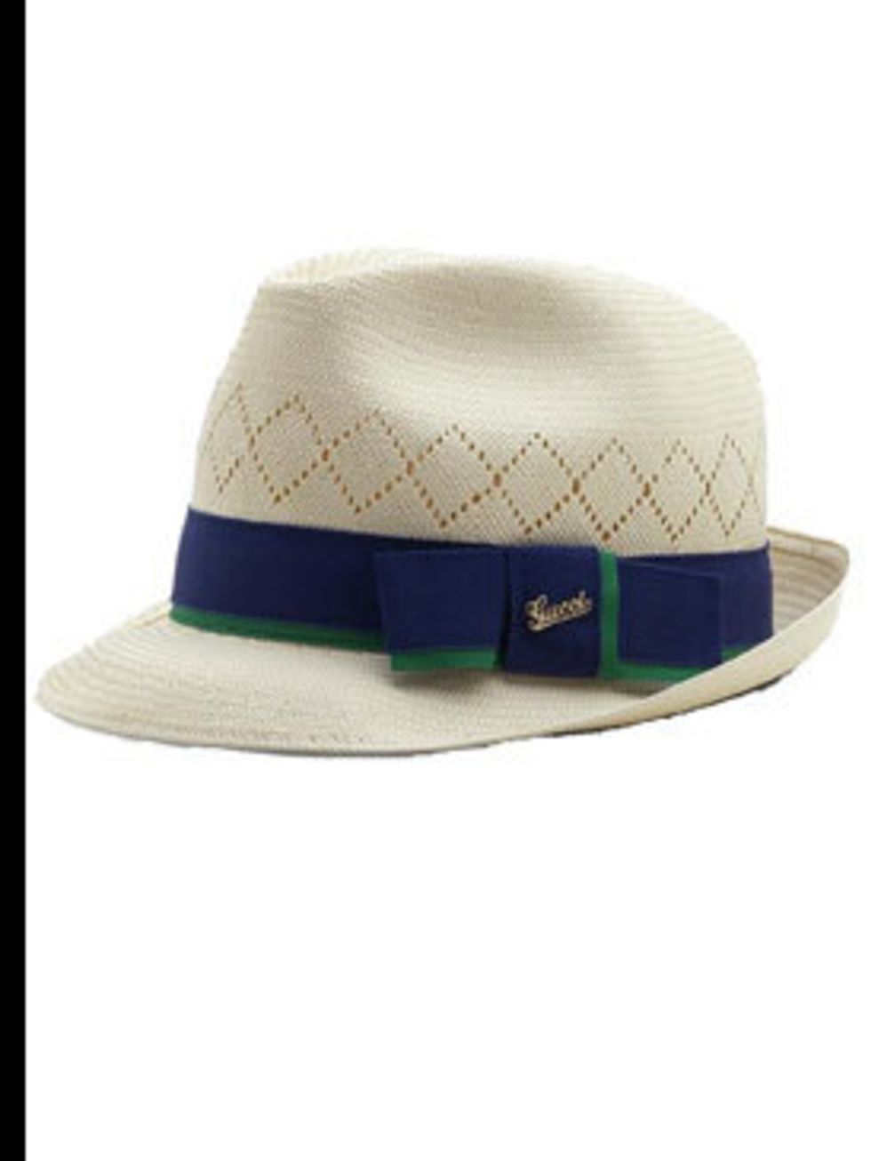 <p>Straw hat with blue ribbon, £137, by Gucci (0207 629 2716)</p>