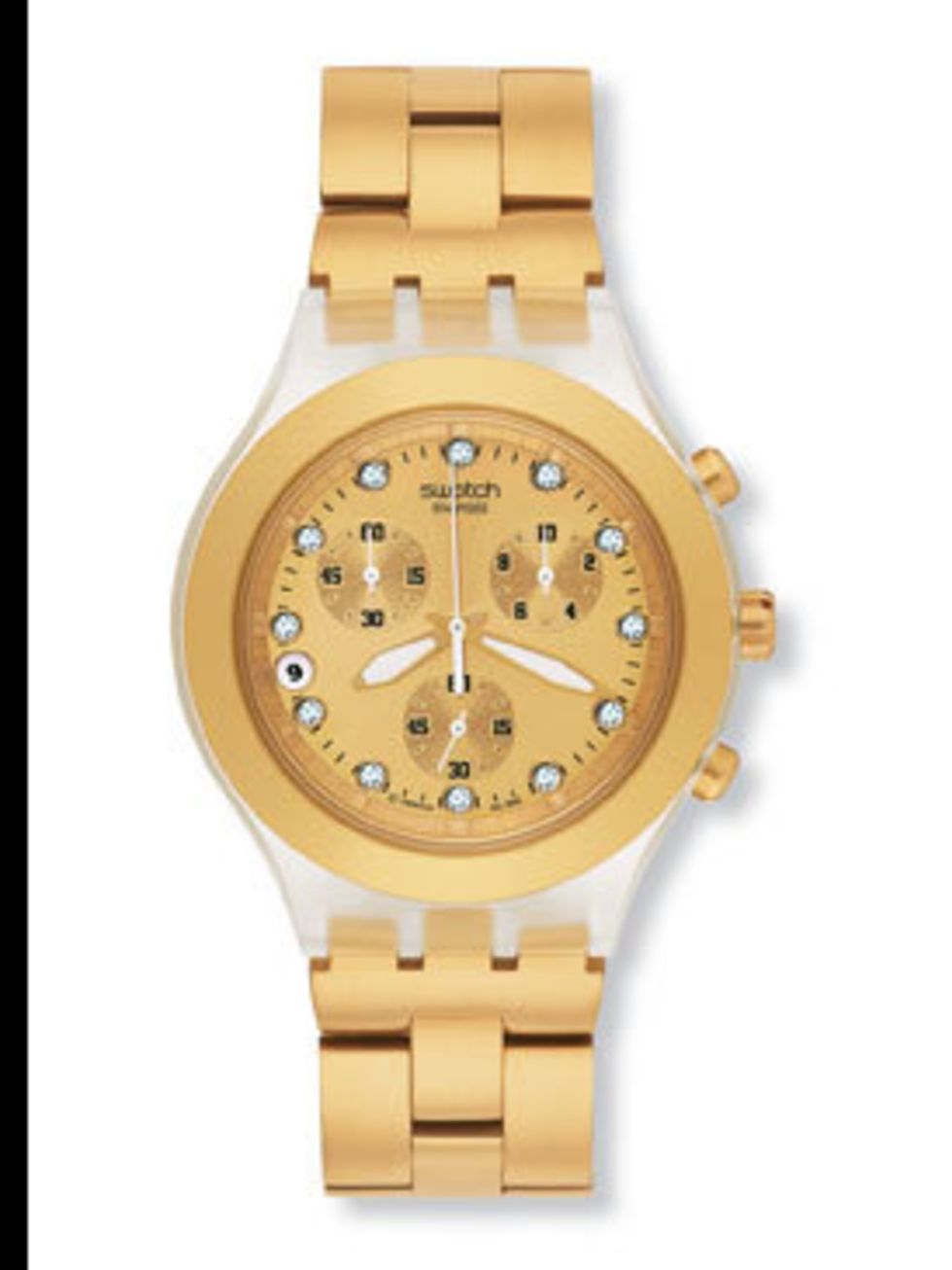 <p>Gold watch, £85, by <a href="http://eu-shop.swatch.com/eshop/uk/en/Watches/IRONY/Chronos/SVCK4032G.aspx">Swatch</a></p>