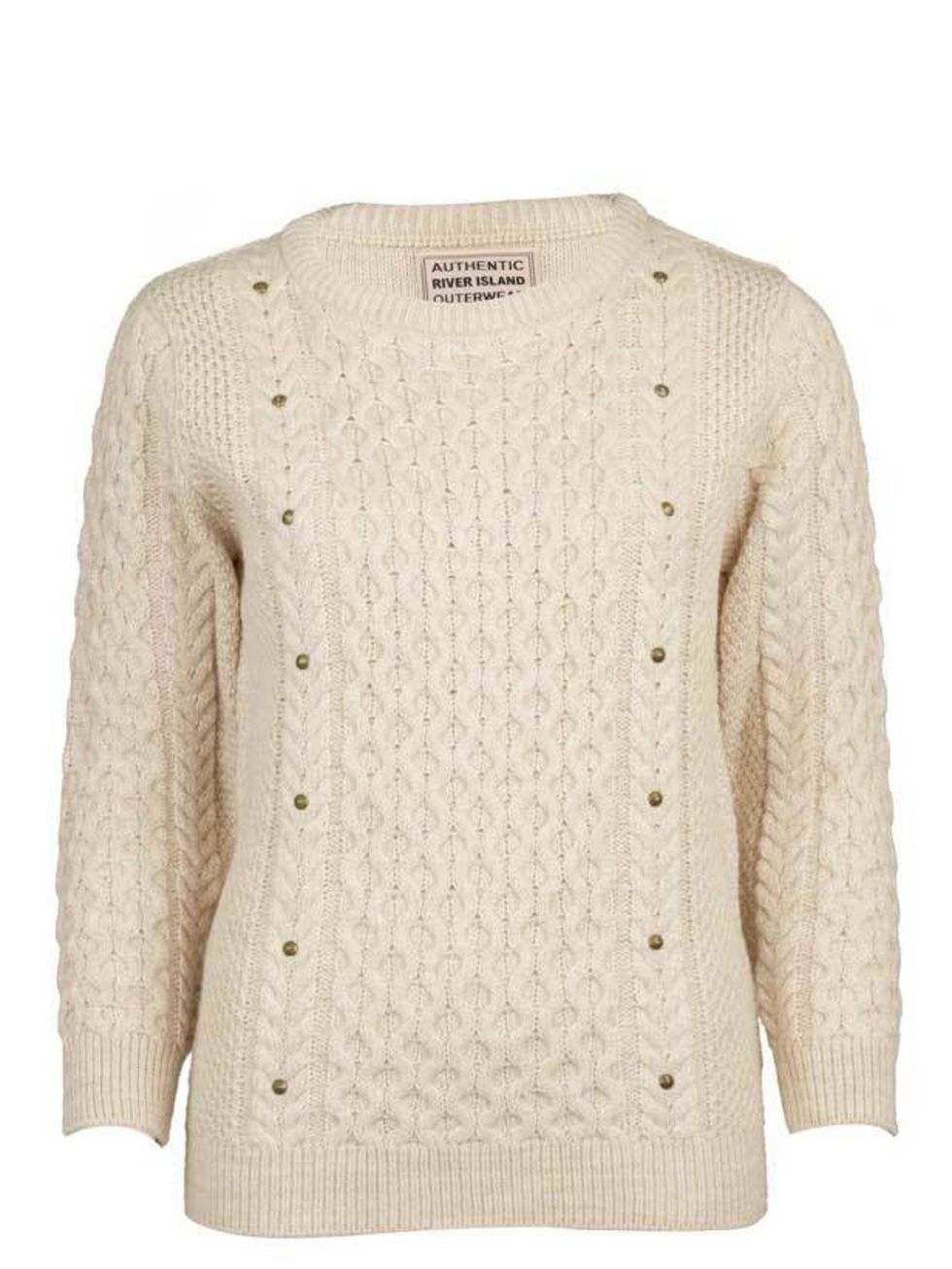 <p><a href="http://www.riverisland.com/Online/women/knitwear/jumpers/cream-aran-knit-vintage-top-591220">River Island</a> cable knit studded jumper, £34.99</p>