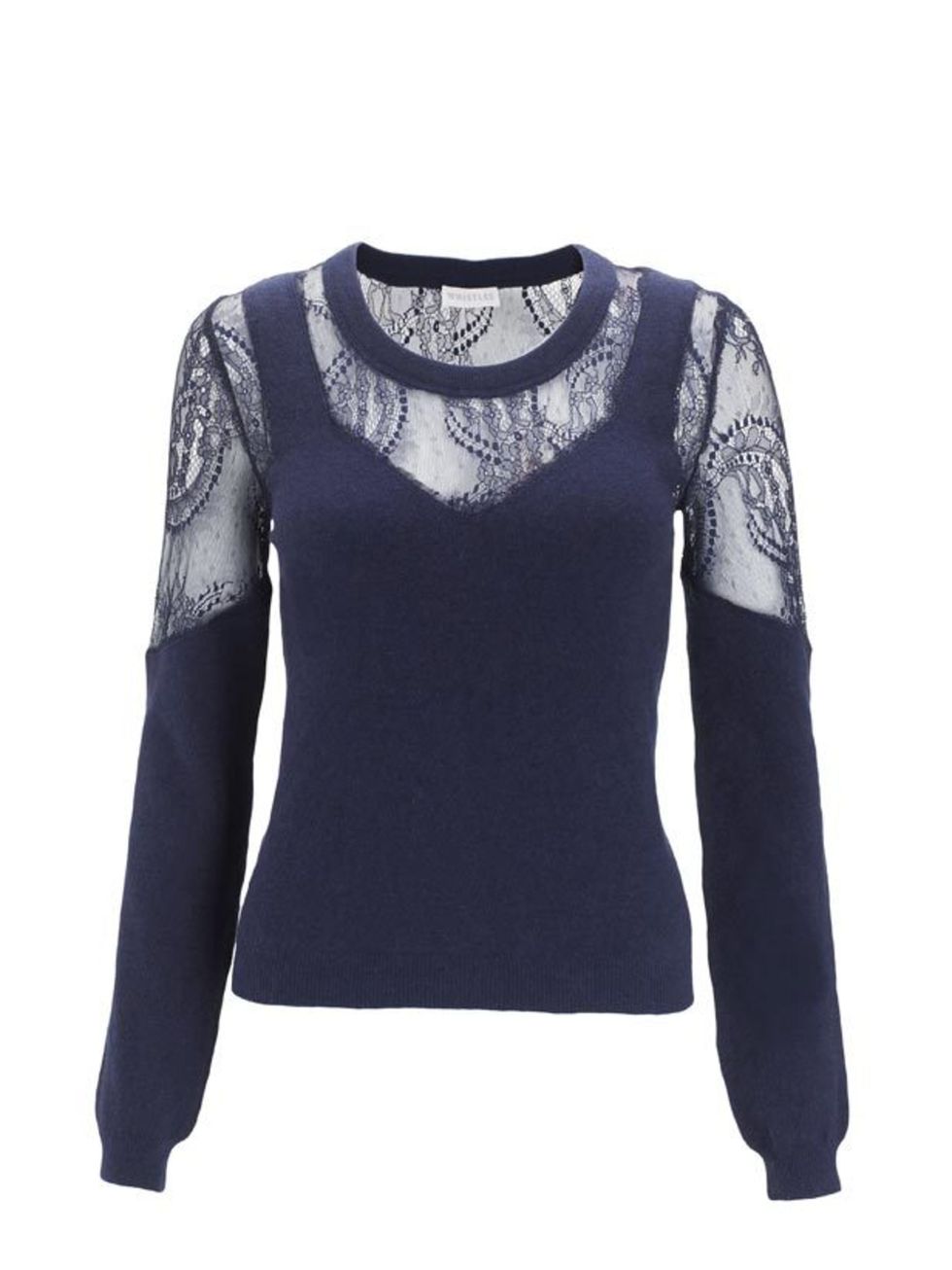 <p>Whistles navy lace sweater, £100, 0845 899 1222) </p>
