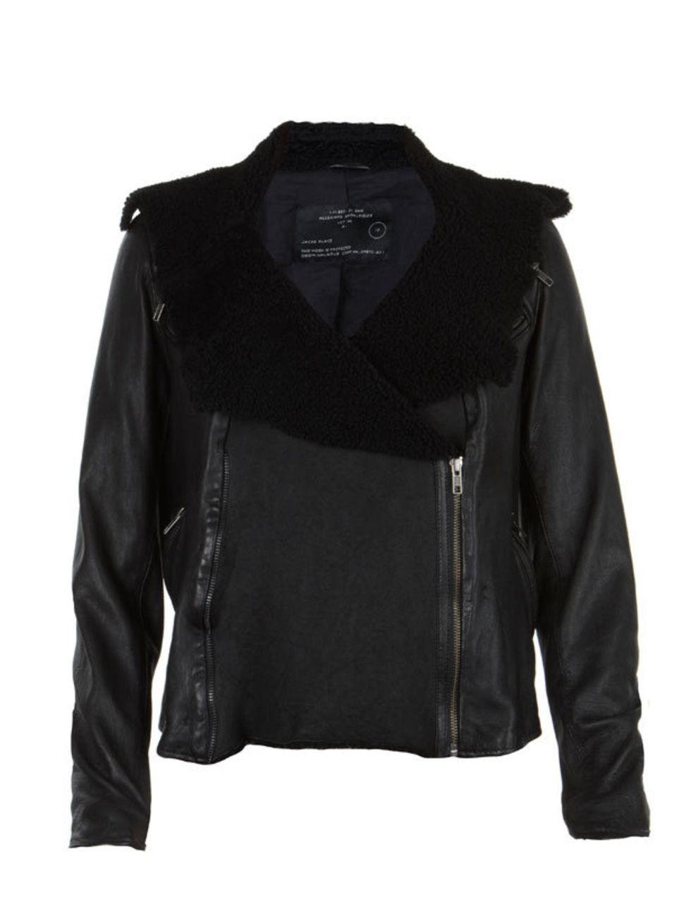 <p>All Saints black shearling aviator jacket, £495, 0844 980 2211</p>