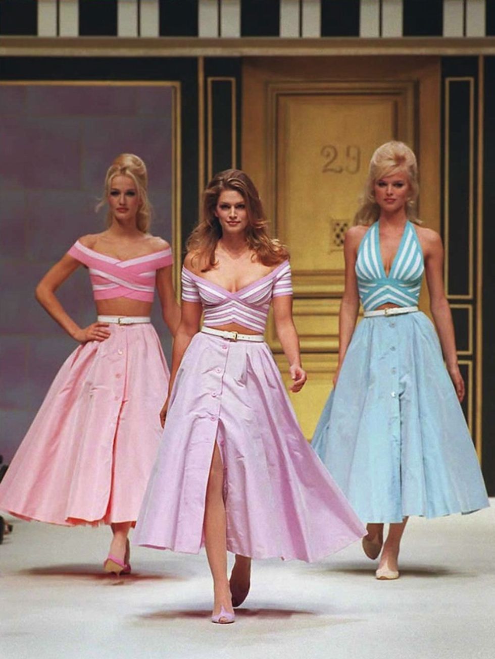 <p>Karen Mulder, Cindy Crawford and Eva Herzigova walk the catwalk at Herve Leger's spring/summer 1996 ready-to-wear show</p>