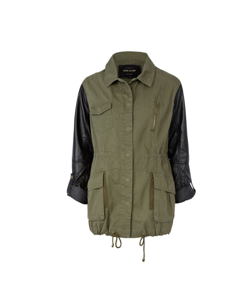 <p><a href="http://www.riverisland.com/Online/women/coats--jackets/jackets/khaki-pu-sleeve-army-jacket-624296">River Island</a> leather sleeve army jacket, £55</p>