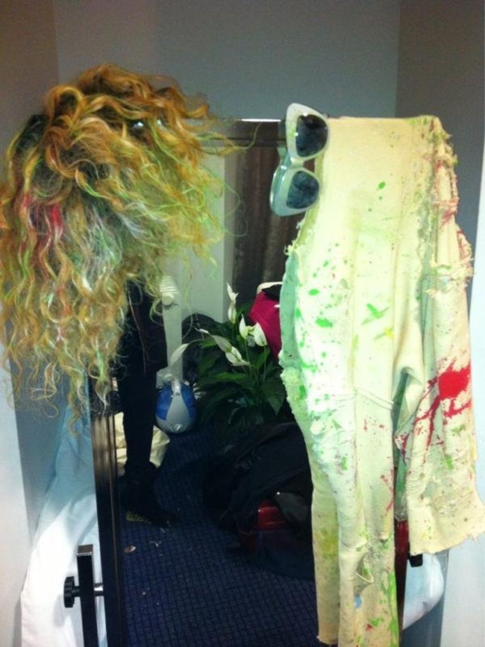 <p>Rihanna tweeted this picture of her wig backstage at the Brit Awards 2012</p>