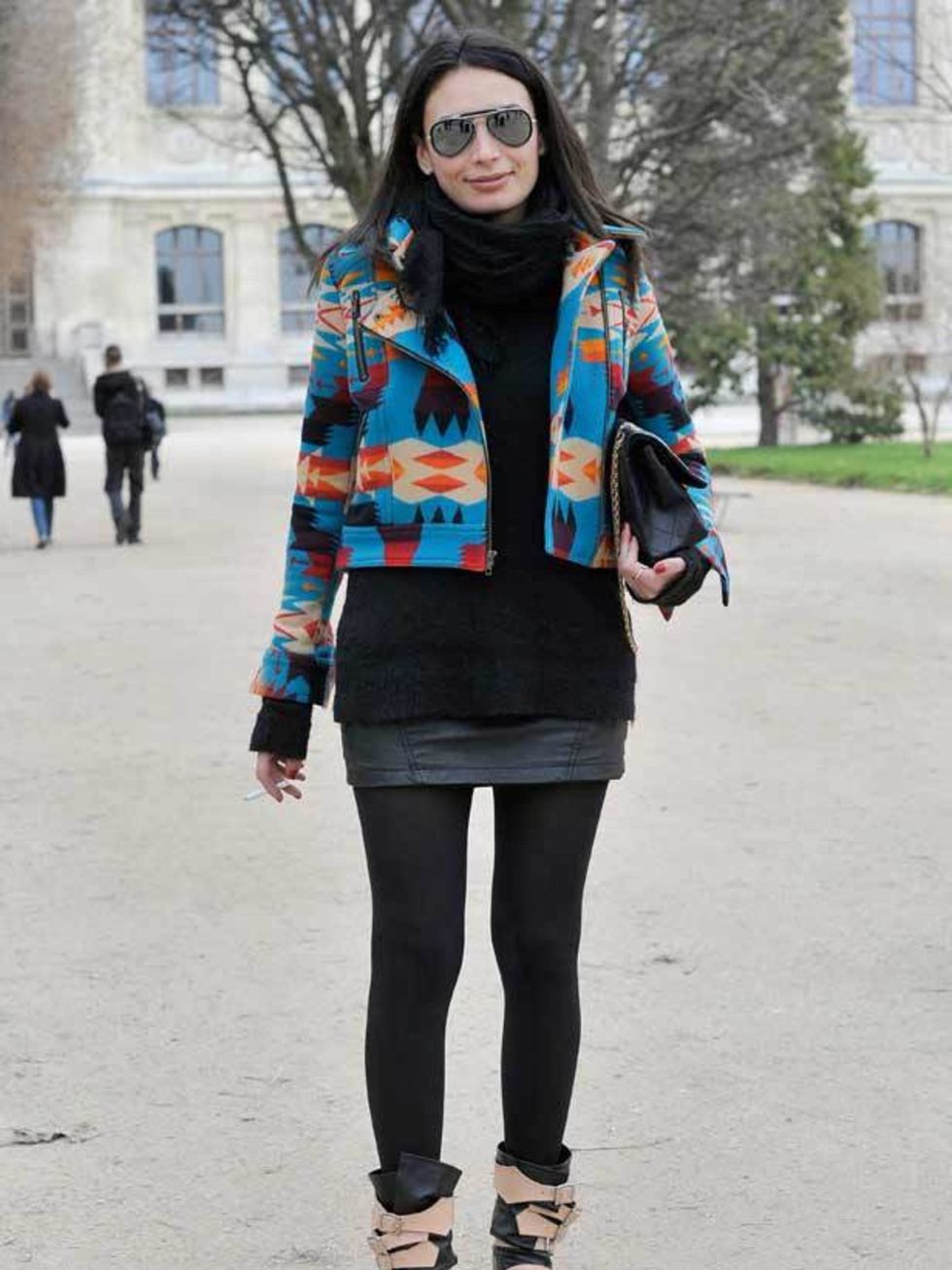 <p>Lititia, Editor French GQ. Kenzo jacket, Rick Owens jumper, Maje skirt, Wolford tights, Vivienne Westwood boots, Chanel bag, Ray Ban glasses. </p>