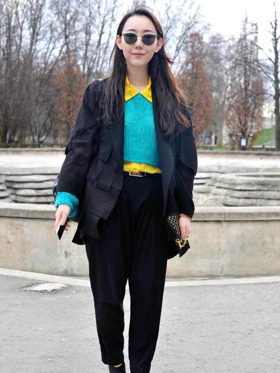 <p>Zoe, Student. Jacket own design, vintage jumper, shirt and glasses, Alexander Wang trousers and bag, Jeffrey Campbell shoes</p>