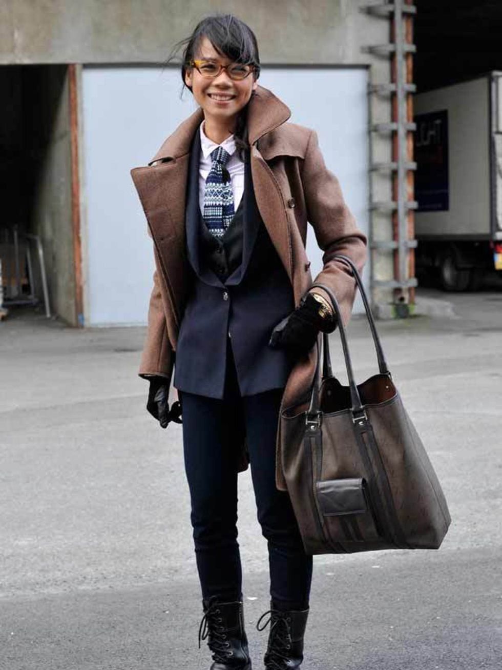 <p>Janie, August Man Fashion Editor. Plus J jacket, Zara blazer, tailor made waistcoat, Ralph Lauren shirt, Muji tie, Uniqlo leggings, Timberland boots, Z Zegna bag, H&amp;M gloves, Gucci glasses.</p>