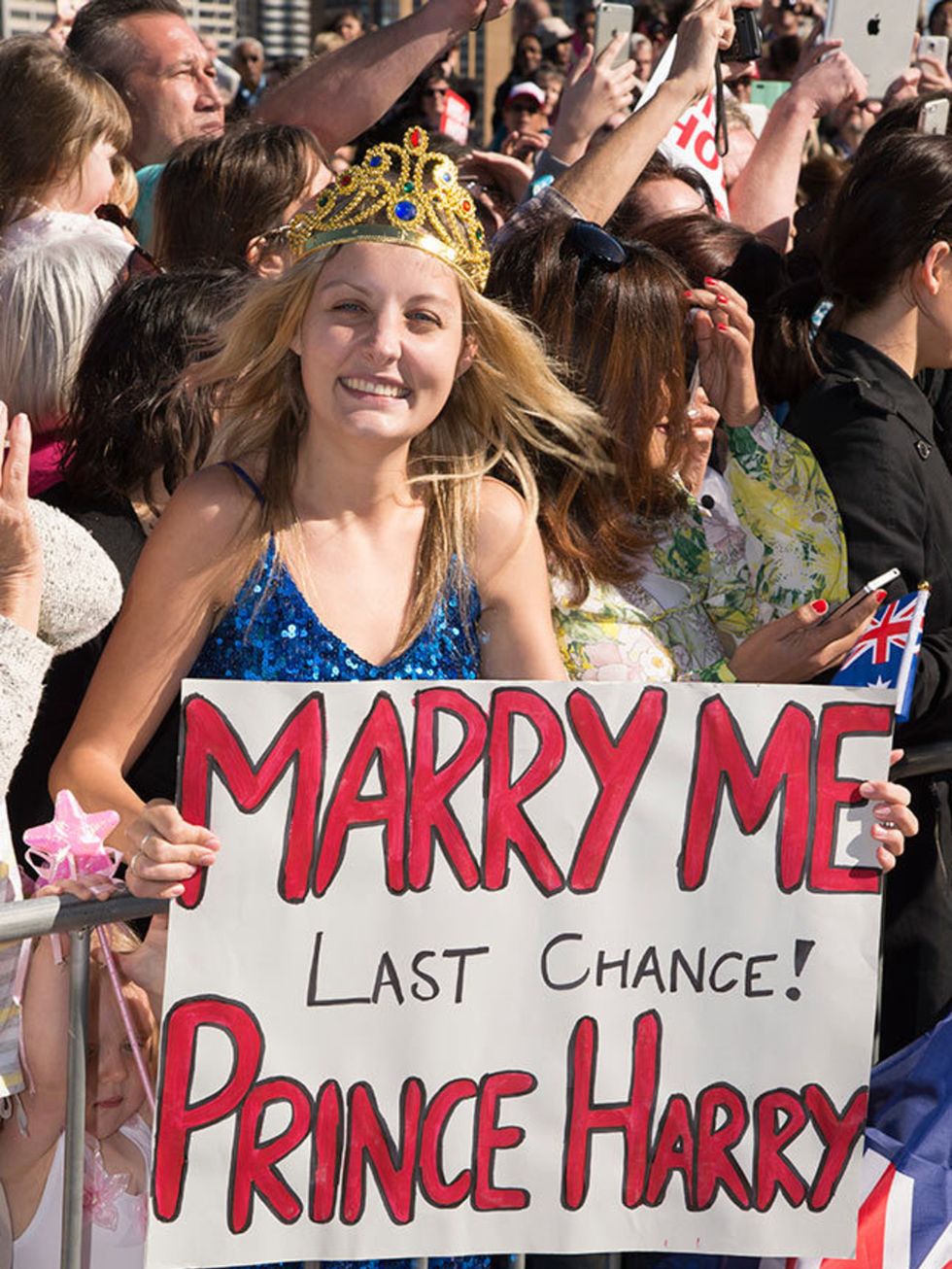 <p>After a couple of quiet years on the Harry girlfriend front (and a US reality TV show, I Wanna Marry Harry, in the can), über-fan Victoria McRae took a punt with this proposal-by-banner. Harry - very politely - declined.</p>

<p>Royal fan Victoria McRa