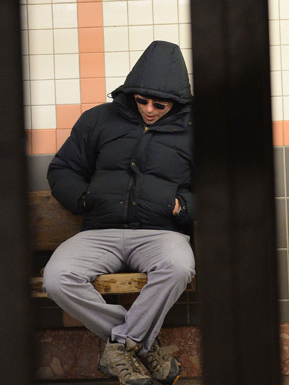 <p>BRADLEY COOPER</p>

<p>Spotted: Bradley 'resting' on the subway platform in NYC wearing Hollywood's favourite off-duty winter uniform: a practical puffa jacket, sunglasses and norm-to-the-core trousers.</p>