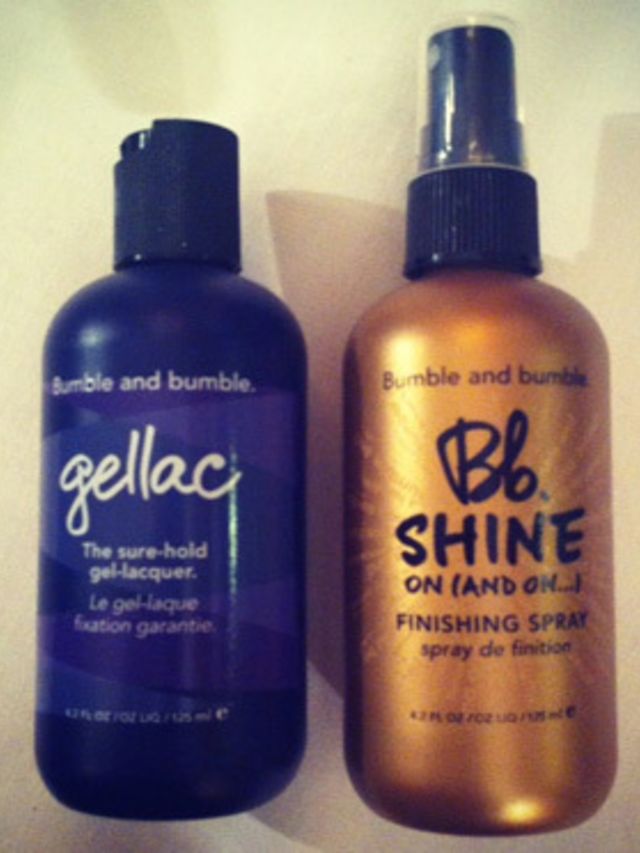 <p>Layering up gellac and shine spray for a 'vinyl-look' panel in the hair at Teatum Jones</p>
