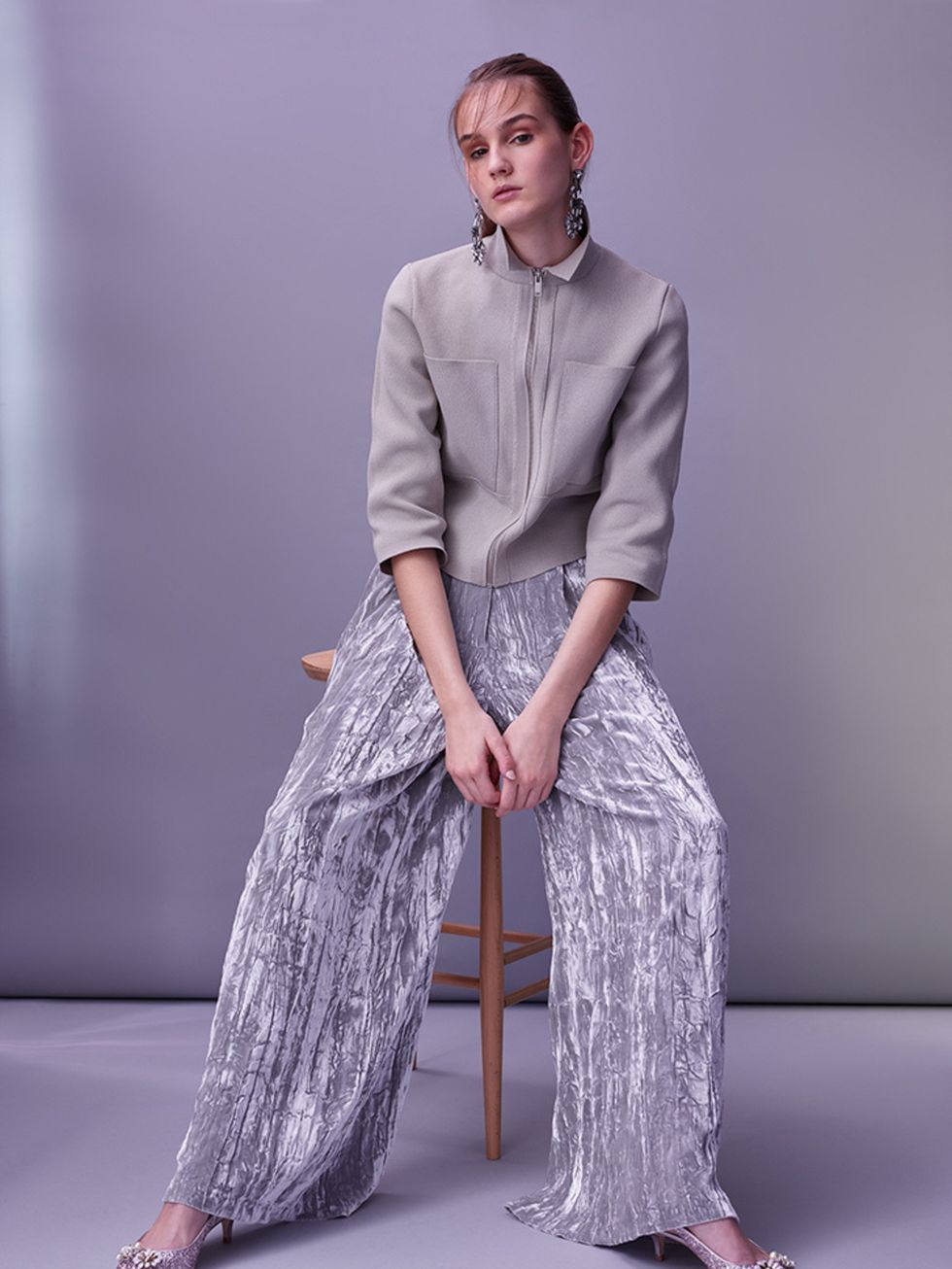 <p>Use a retro zip-up sports top in a neutral shade to give silver metallics an SS16 upgrade.</p>

<p>Cotton jacket, £125 Cos. Faux-velvet trousers, £85, Asos White. <a href="http://www.lkbennett.com/Collections/Shoes/Emmie-Glitter-Sling-Backs/p/SCEMMIEGL