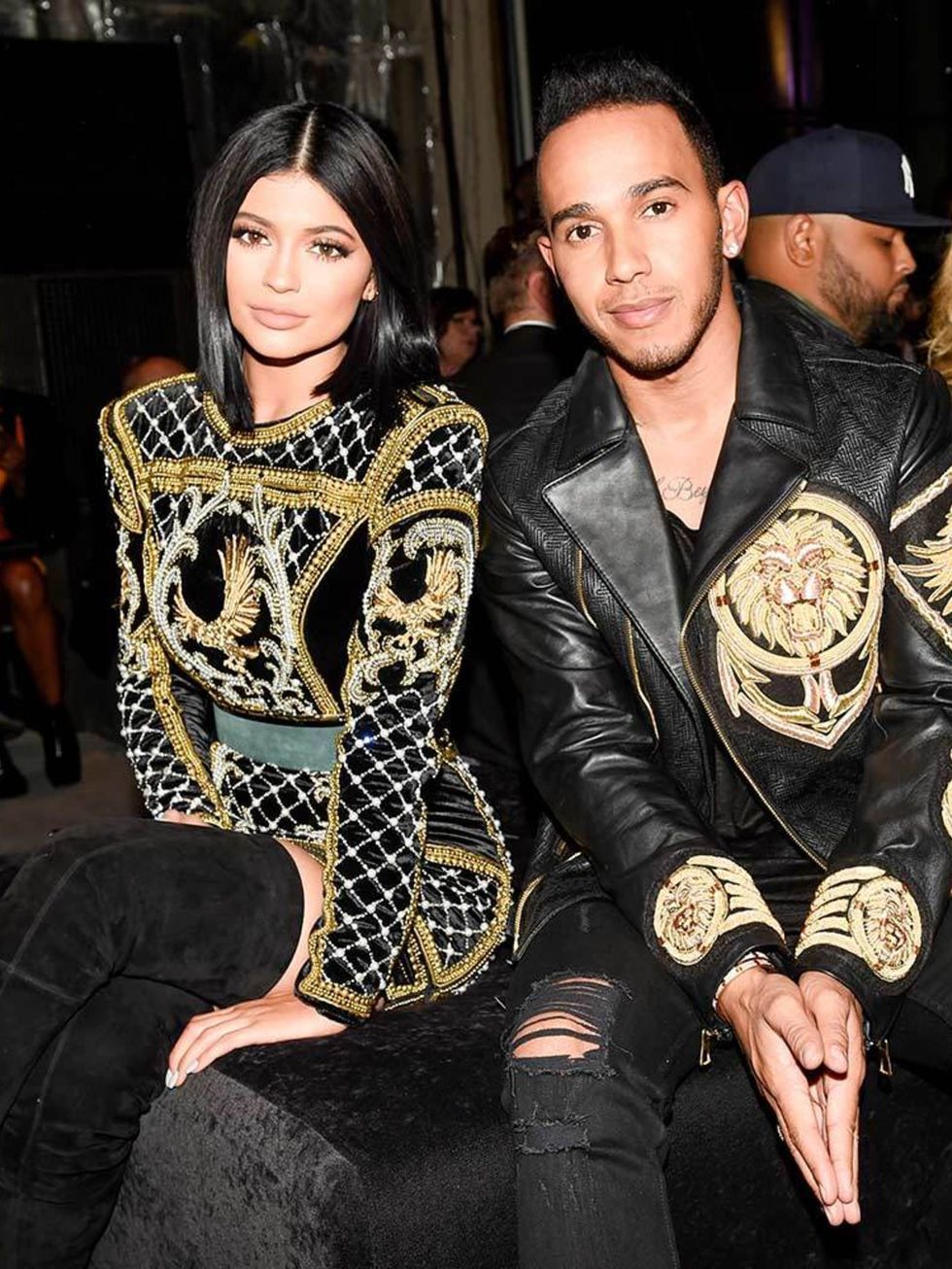 Kylie jenner and Lewis Hamilton on the front row at the H&M x Balmain show in New york, October 2015.