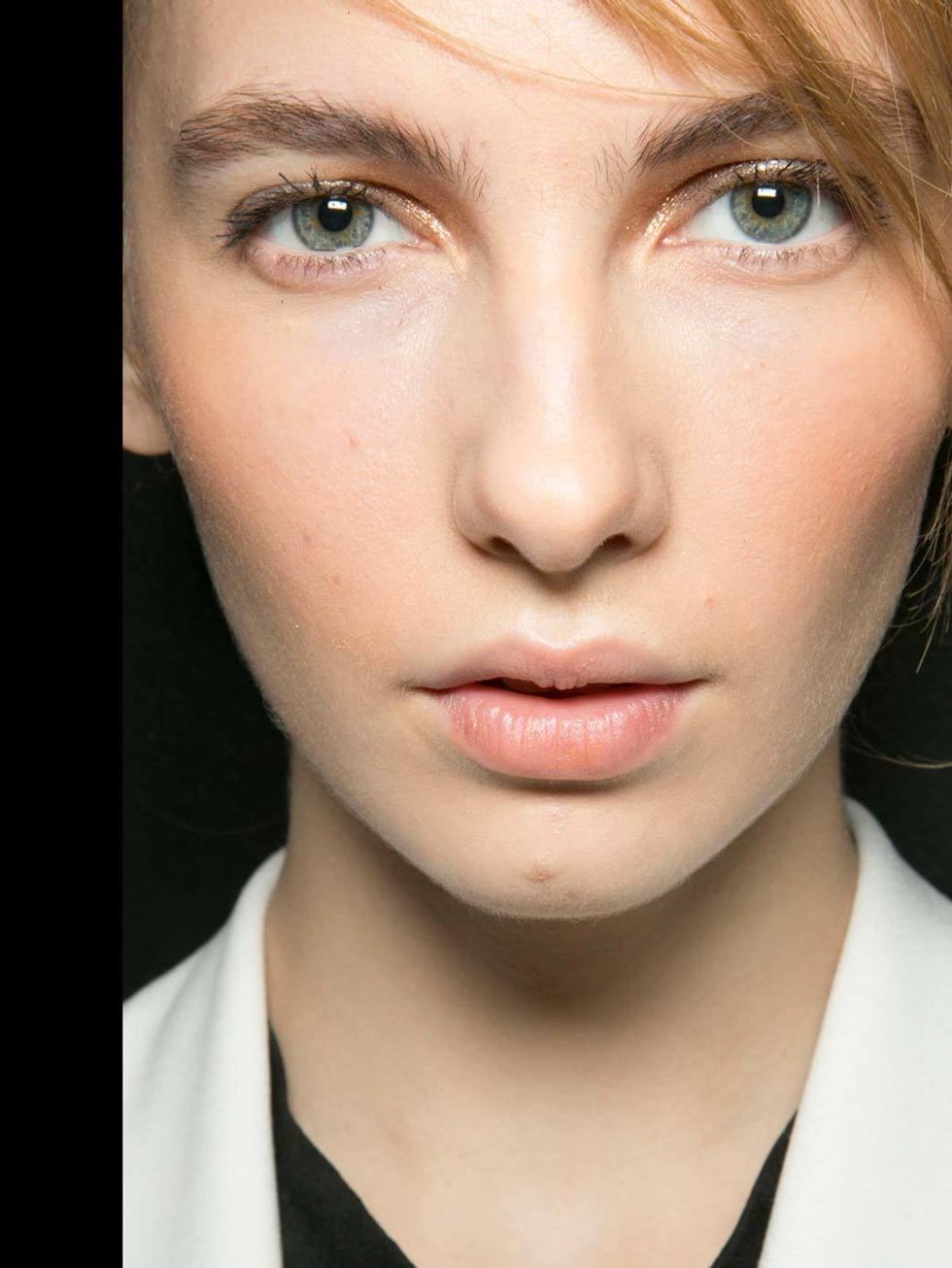 <p>The perfect nude, but supercharged. <a href="http://www.elleuk.com/beauty/hair/hair-trends/easy-up-dos">Clements Ribiero</a> sent girls down the catwalk immaculately healthy. That means matte peachy skin, brushed up brows and the ultimate cheek flush. 