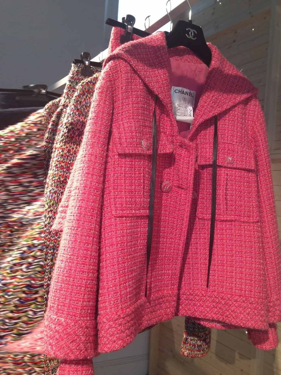 <p>Pink hooded tweed jacket</p>