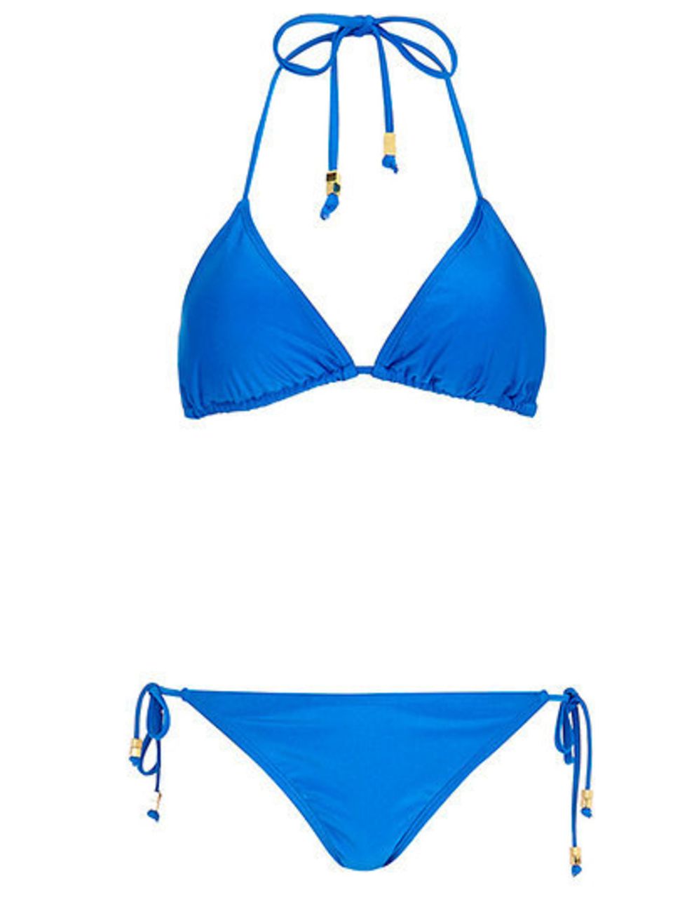 <p>Classic and affordable. This River Island Bikini <a href="http://www.riverisland.com/women/swimwear--beachwear/bikinis/Blue-triangle-bikini-top-652252">top, </a>£12, and <a href="http://www.riverisland.com/women/swimwear--beachwear/bikinis/Blue-tie-sid