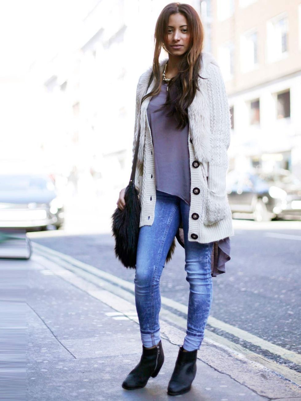 <p>Kayleigh, 24, Retail Manager. Miss Selfridge cardigan and trousers, Topshop boots, H&amp;M gilet.</p>