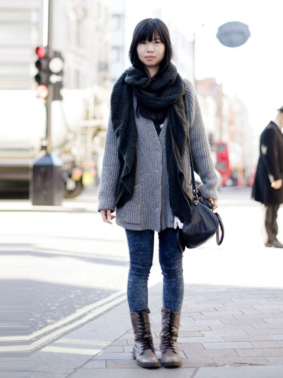 <p>May, 24, Student. Zara jumper and scarf, Topshop jeans, River Island bag.</p>