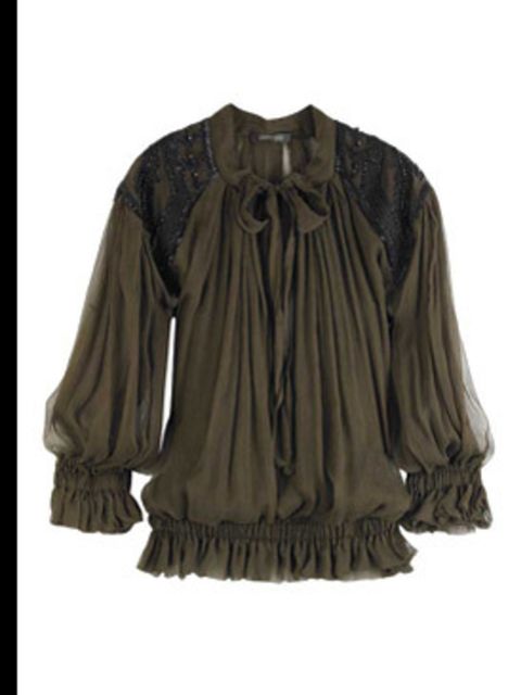 <p>Tie-front chiffon blouse, £915, by Roberto Cavalli at (0207 823 1879)</p>